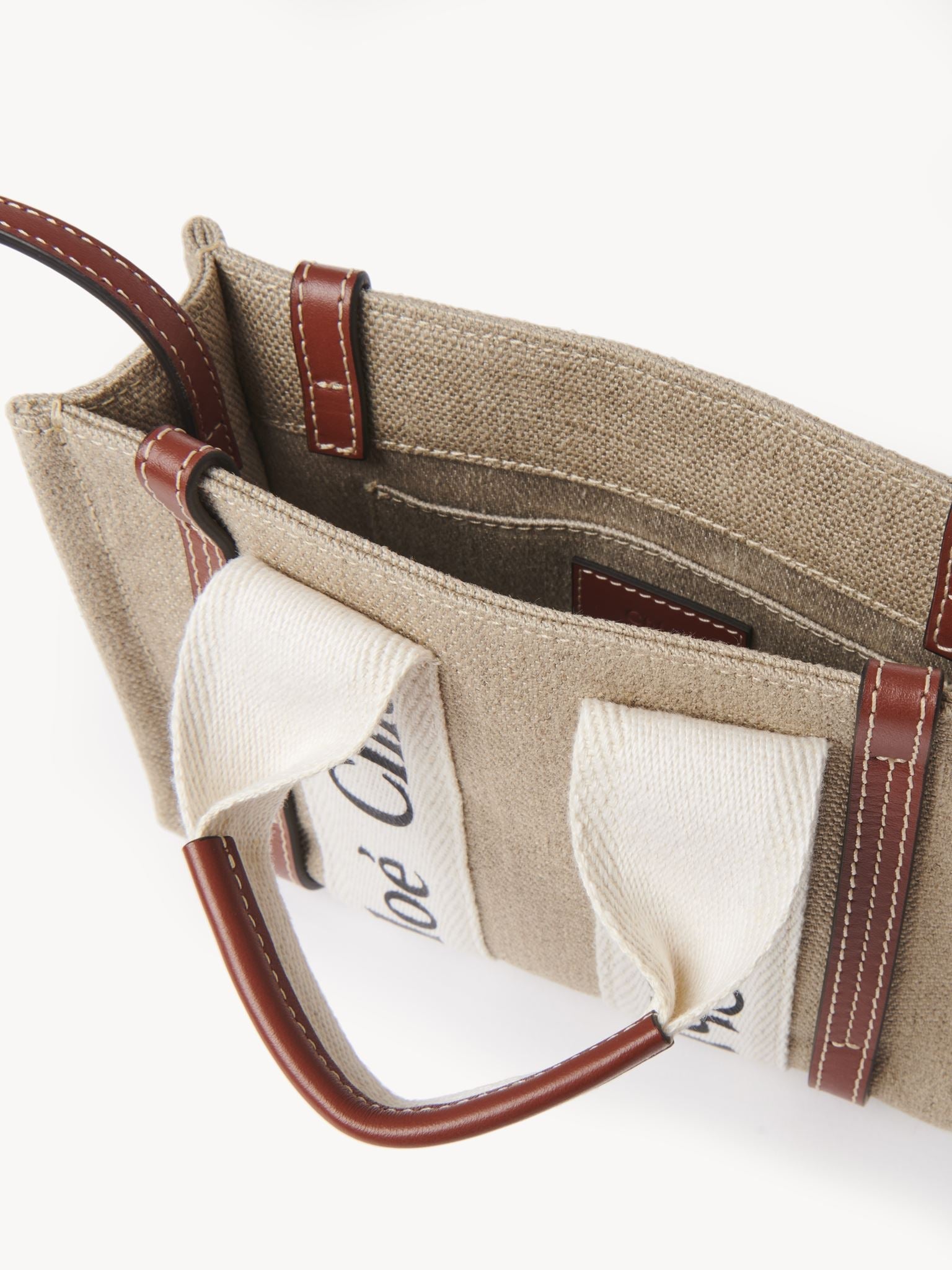 Mini sac cabas Woody en lin - White & Brown