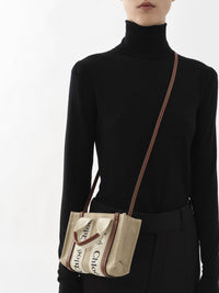 Mini sac cabas Woody en lin - White & Brown