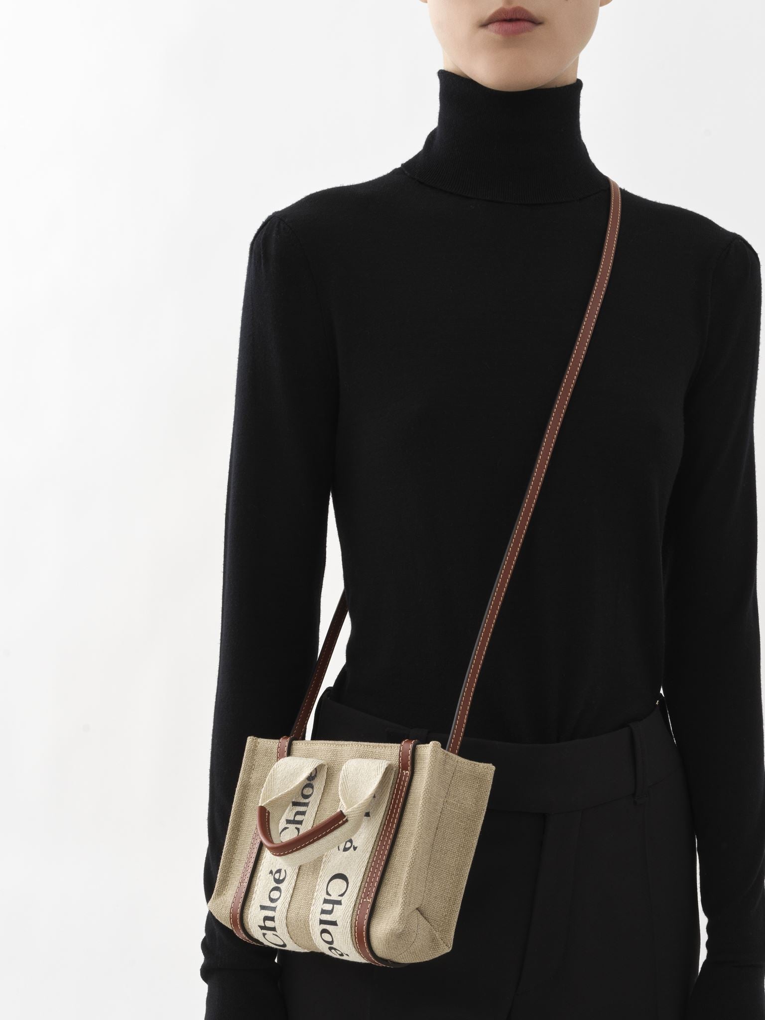 Mini sac cabas Woody en lin - White & Brown