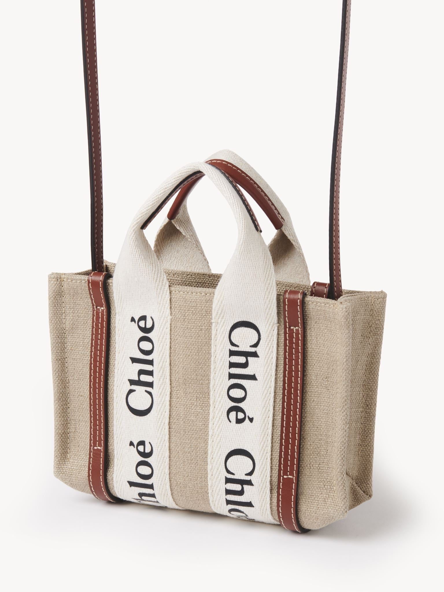 Mini sac cabas Woody en lin - White & Brown