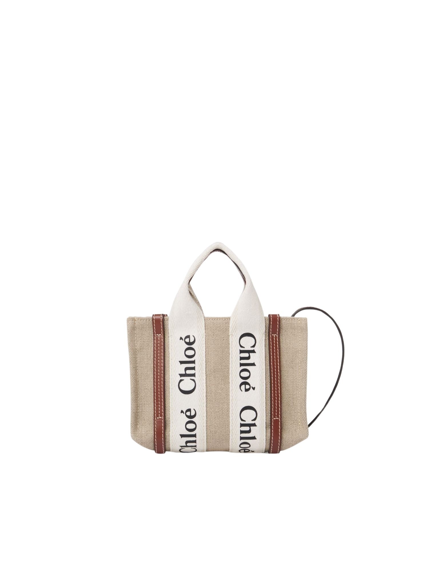 Mini sac cabas Woody en lin - White & Brown