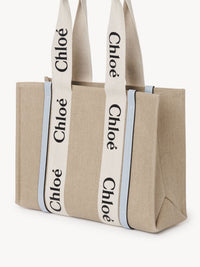 Sac cabas Woody en lin - Blanc Bleu