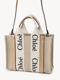 Petit sac cabas Woody à bandoulière en lin - White & Beige