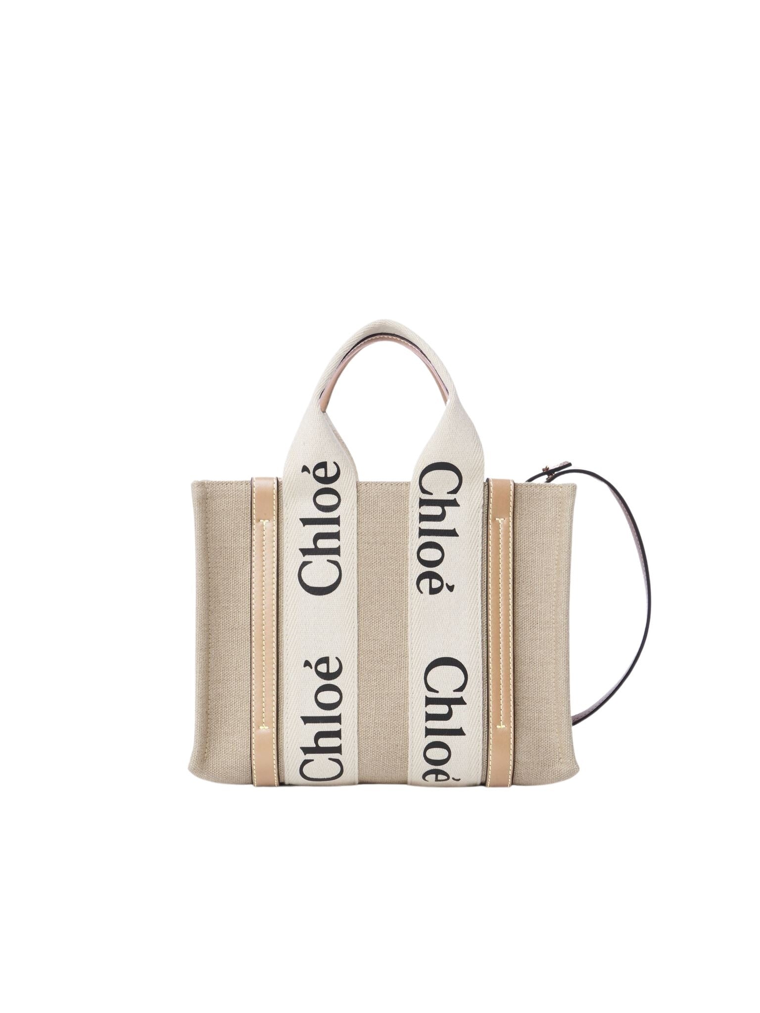 Petit sac cabas Woody à bandoulière en lin - White & Beige