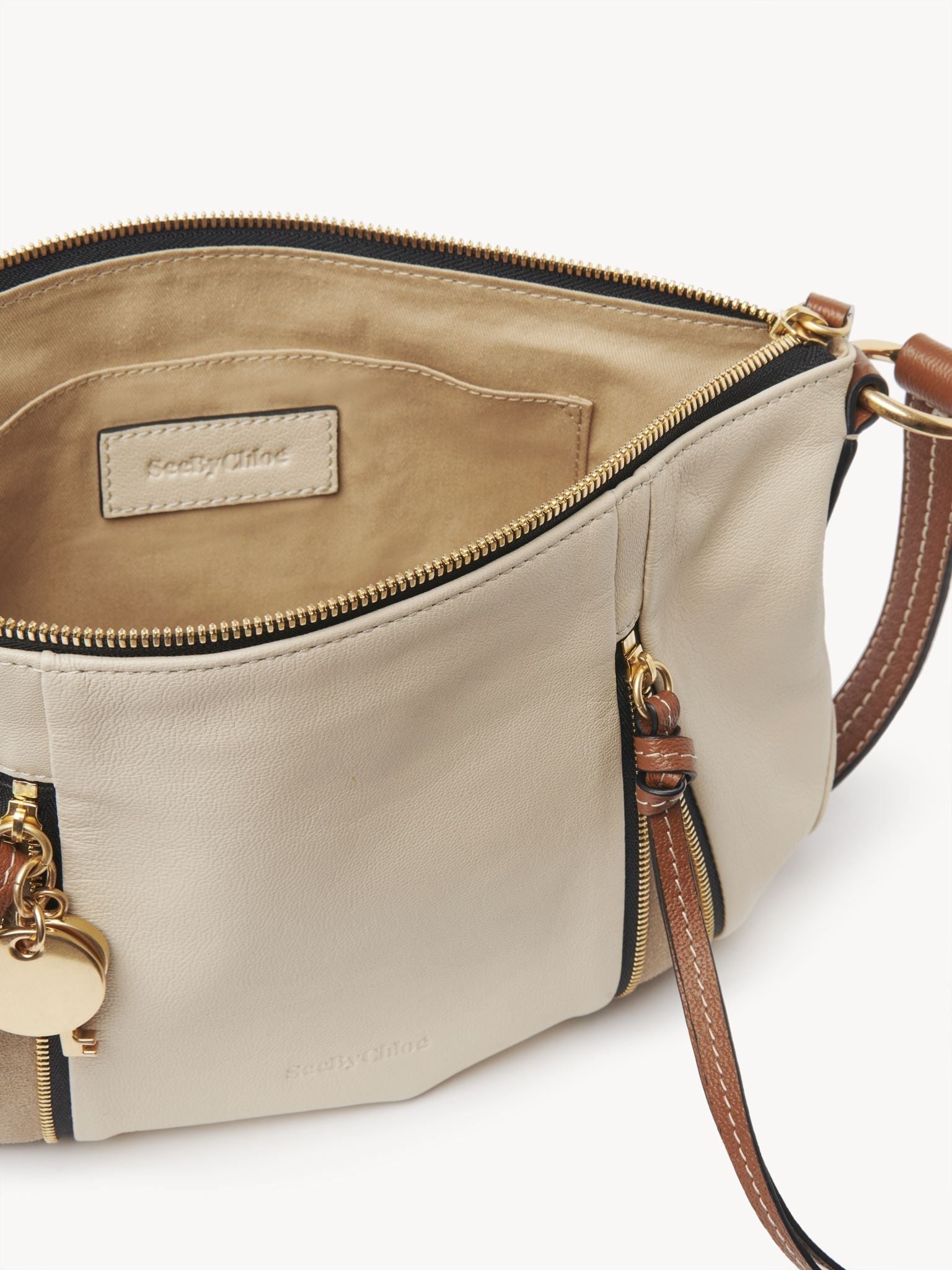 Sac demi lune en cuir lisse - Cement Beige