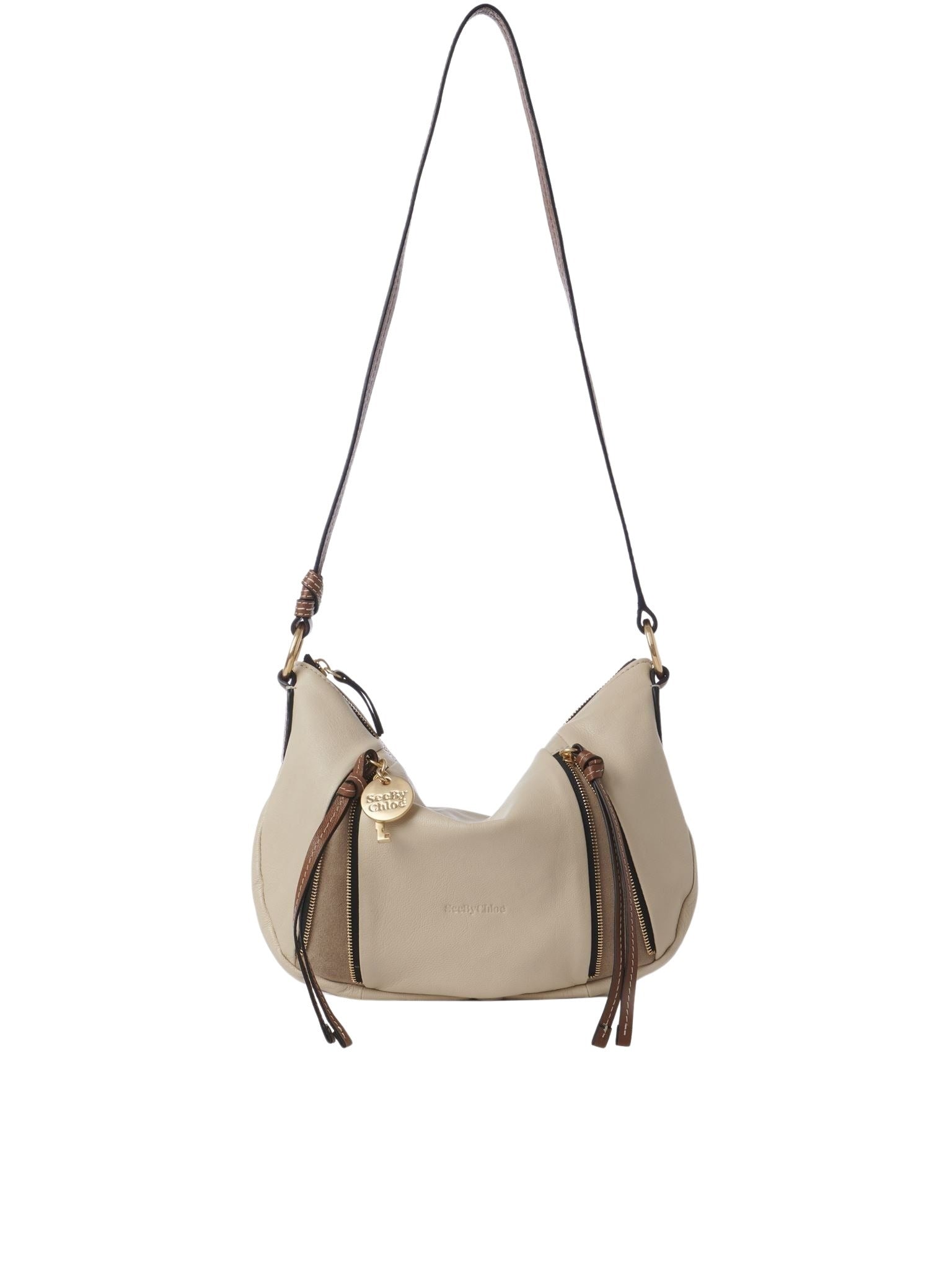 Sac demi lune en cuir lisse - Cement Beige