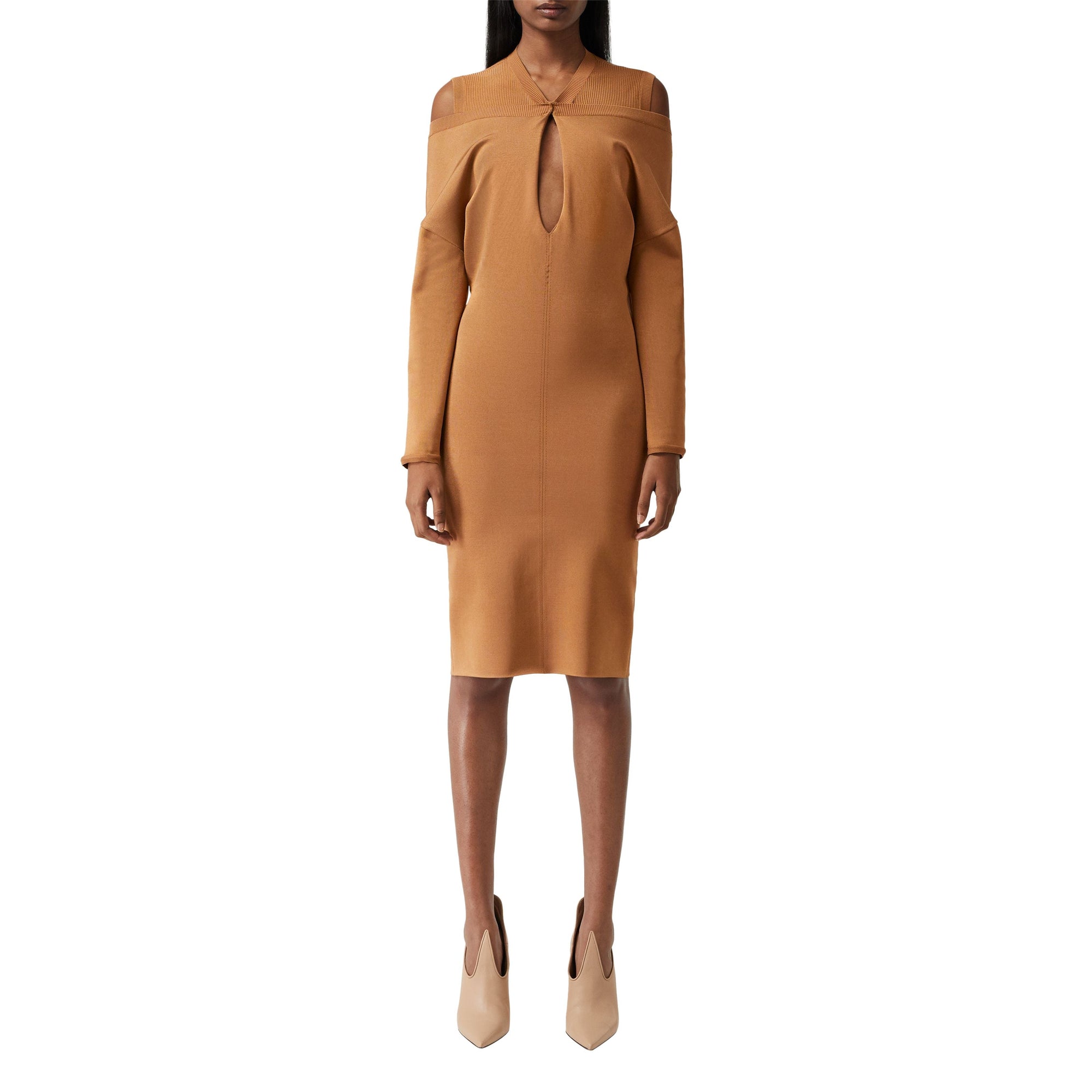 Robe à manches longues en maille avec découpes - Camel