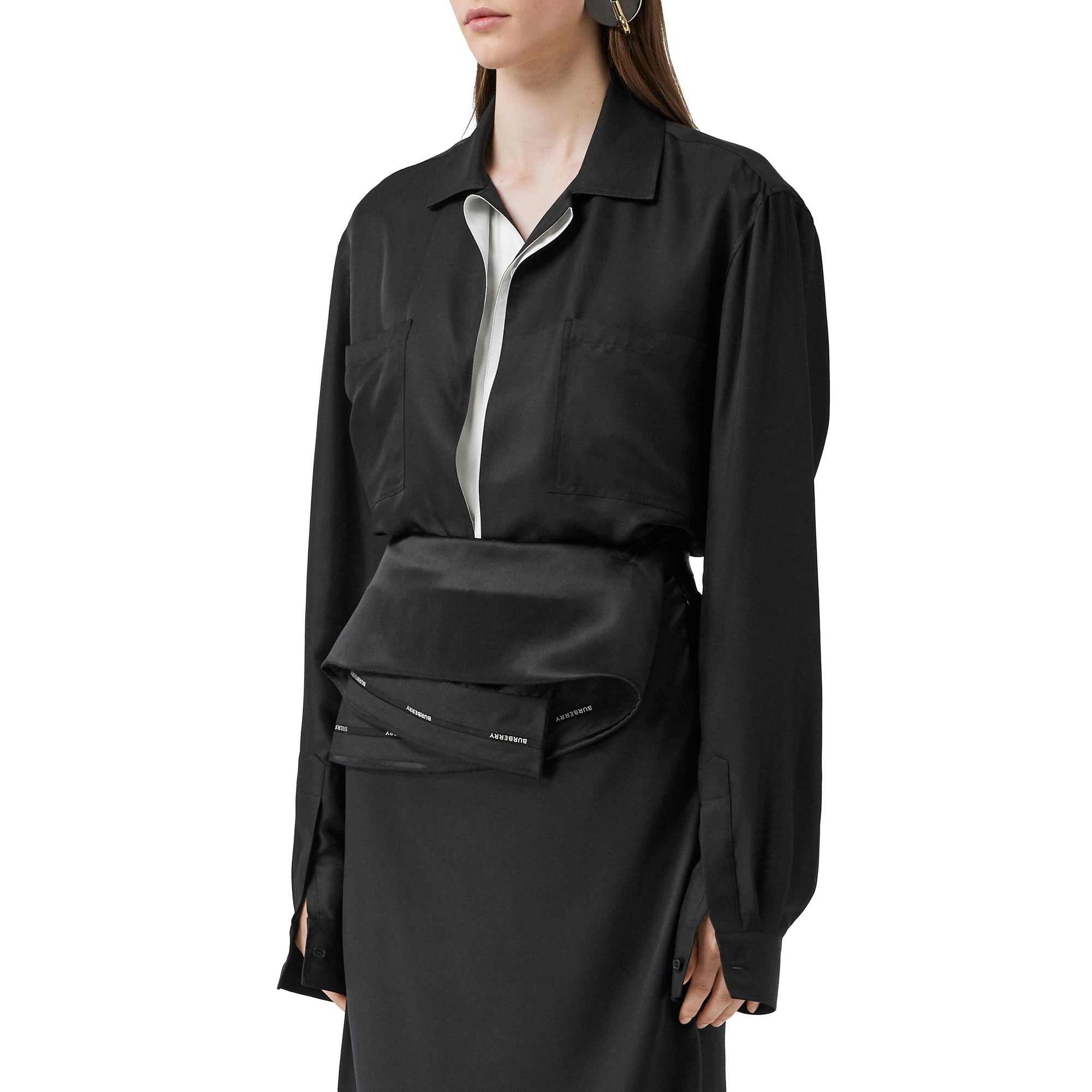 Chemise à pli en satin de soie avec logo appliqué - Black