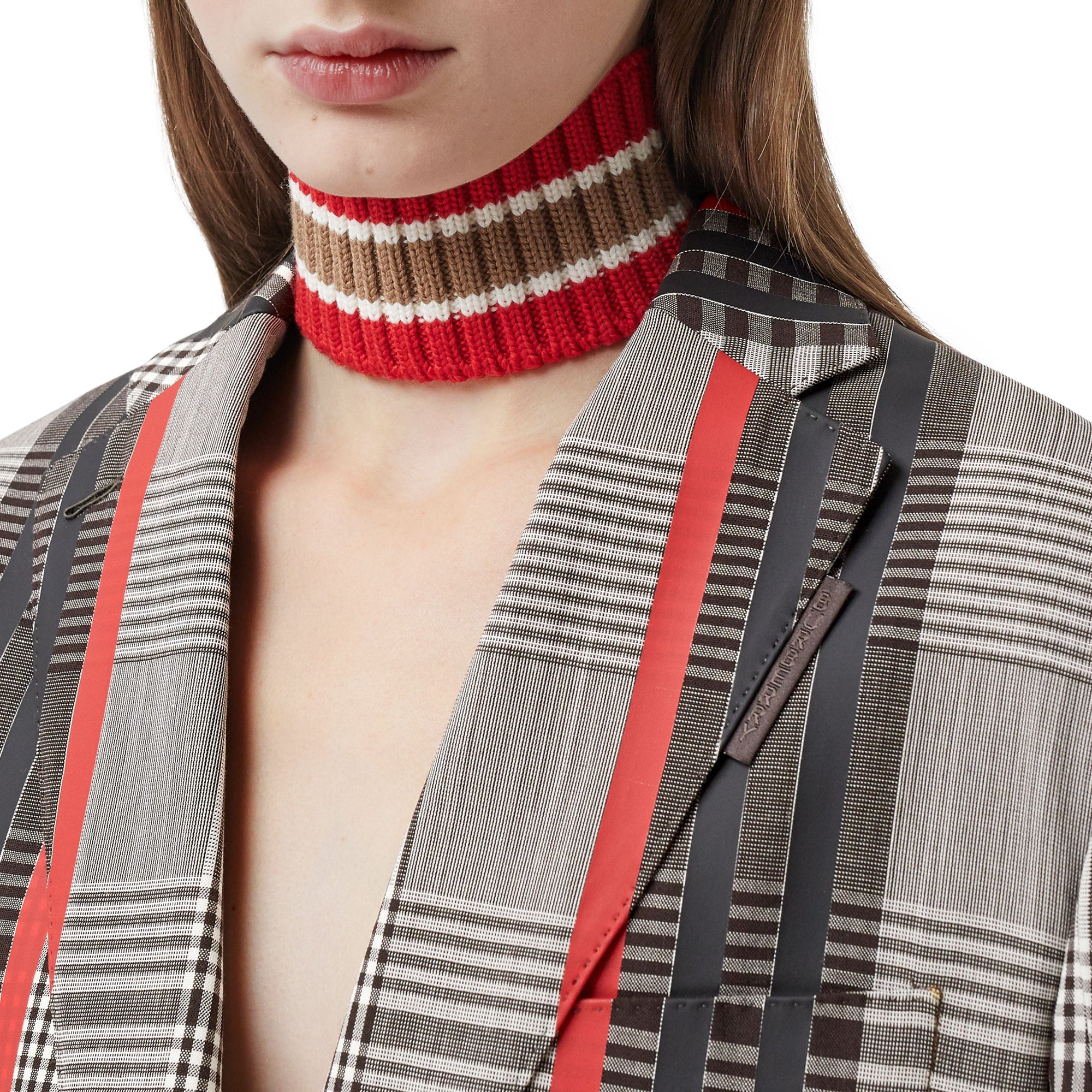 Veste tailleur en laine technique avec basque - Dark Brown Check