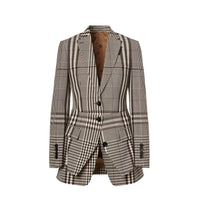 Veste tailleur en laine technique avec basque - Dark Brown Check