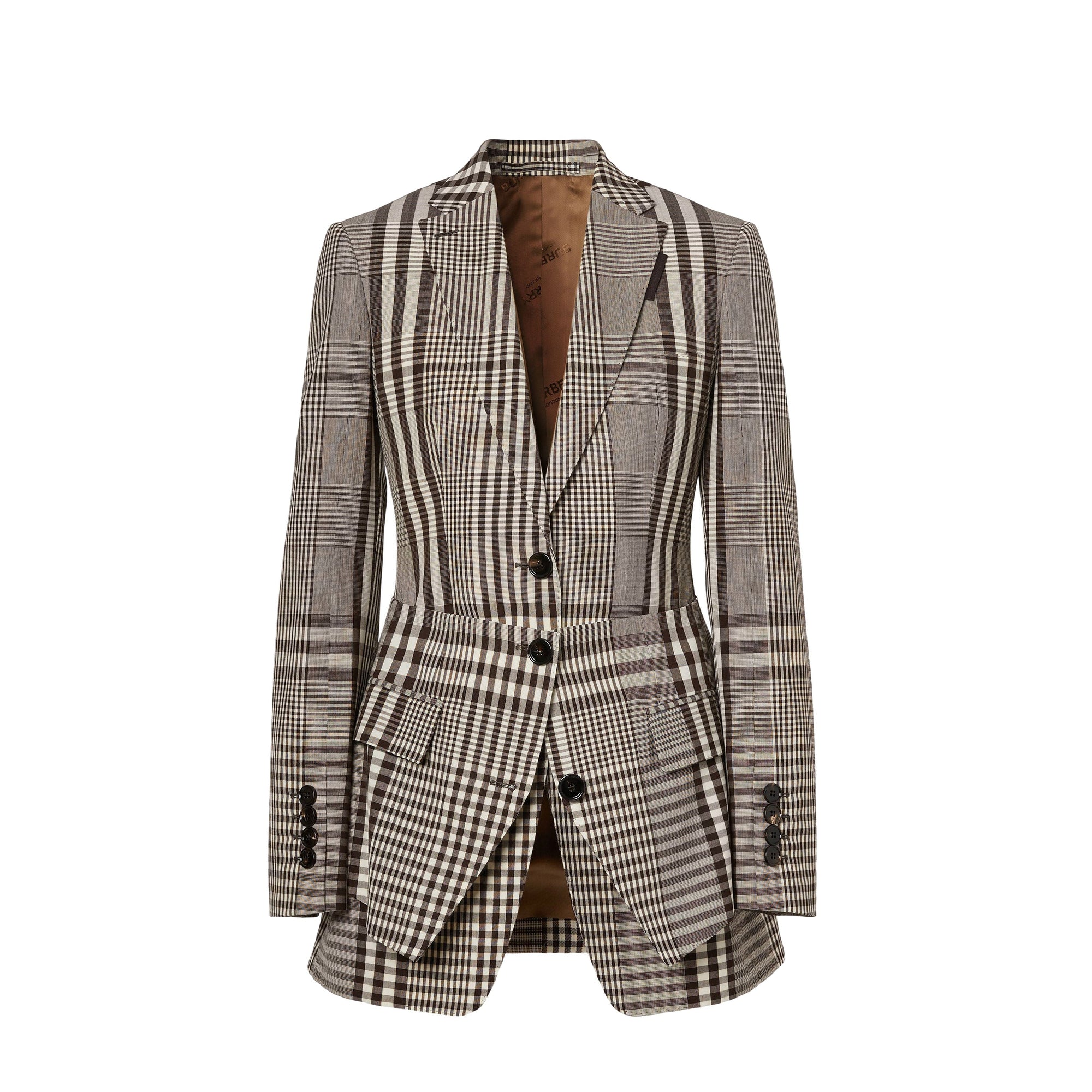 Veste tailleur en laine technique avec basque - Dark Brown Check
