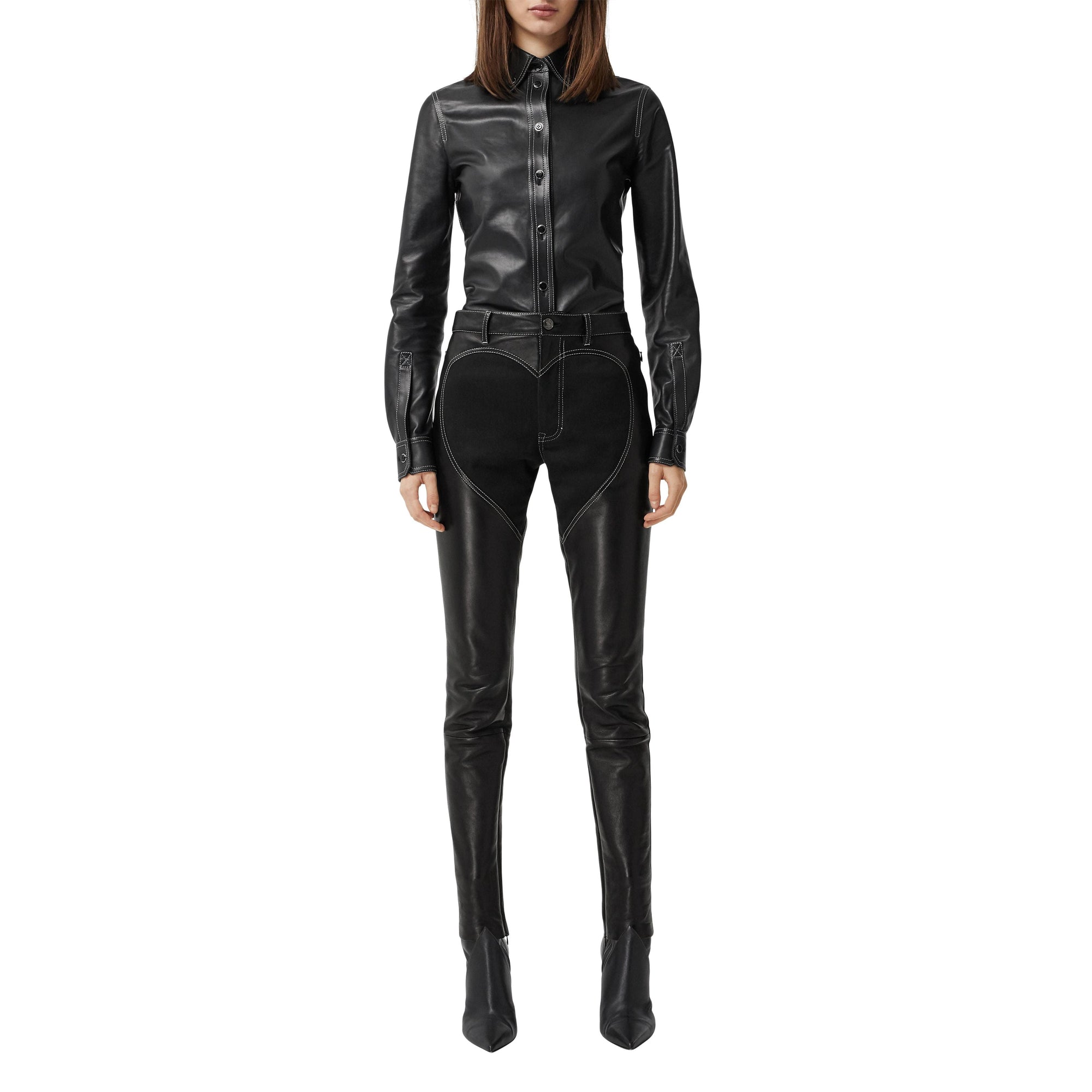 Pantalon skinny en cuir d'agneau à motif cœur - Black