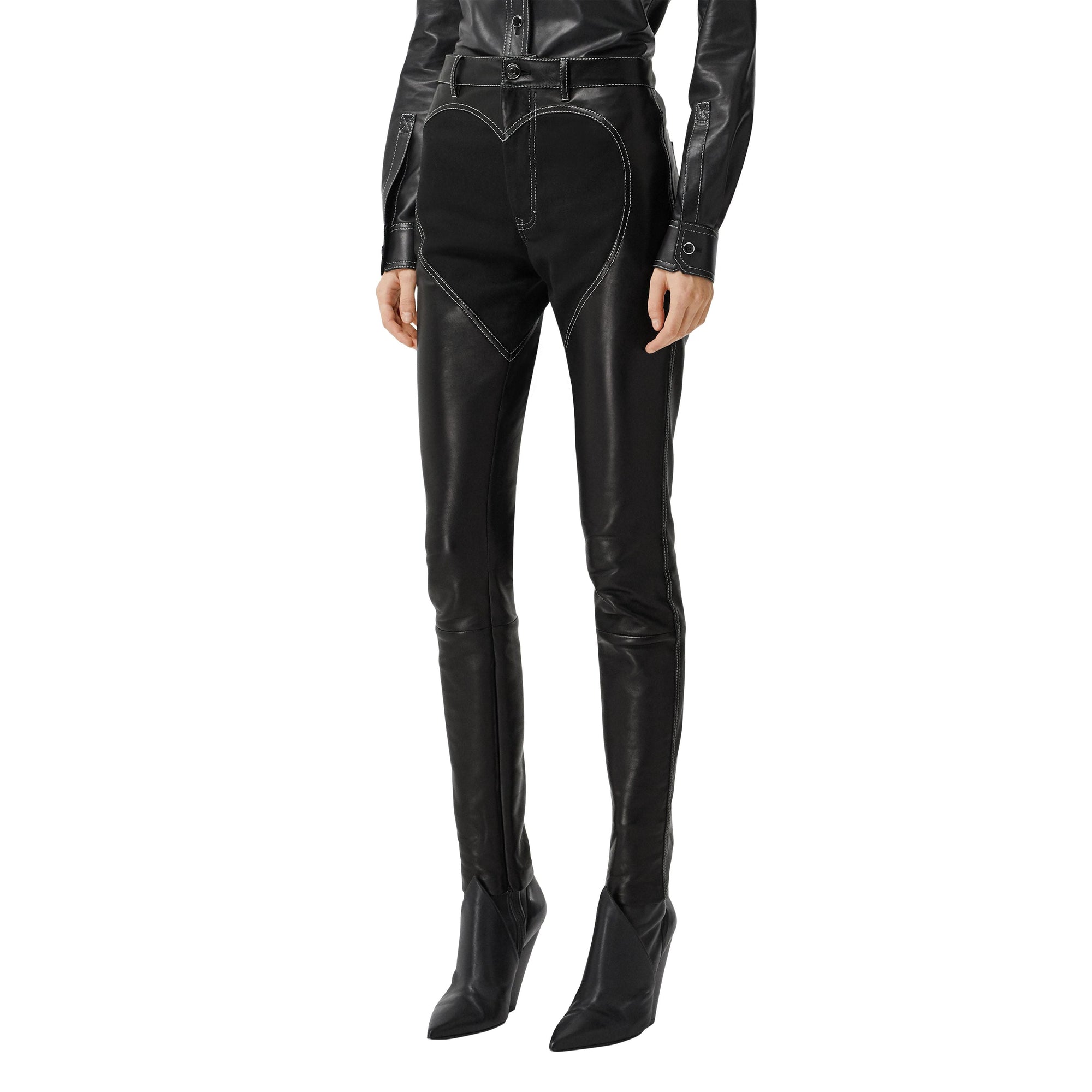 Pantalon skinny en cuir d'agneau à motif cœur - Black