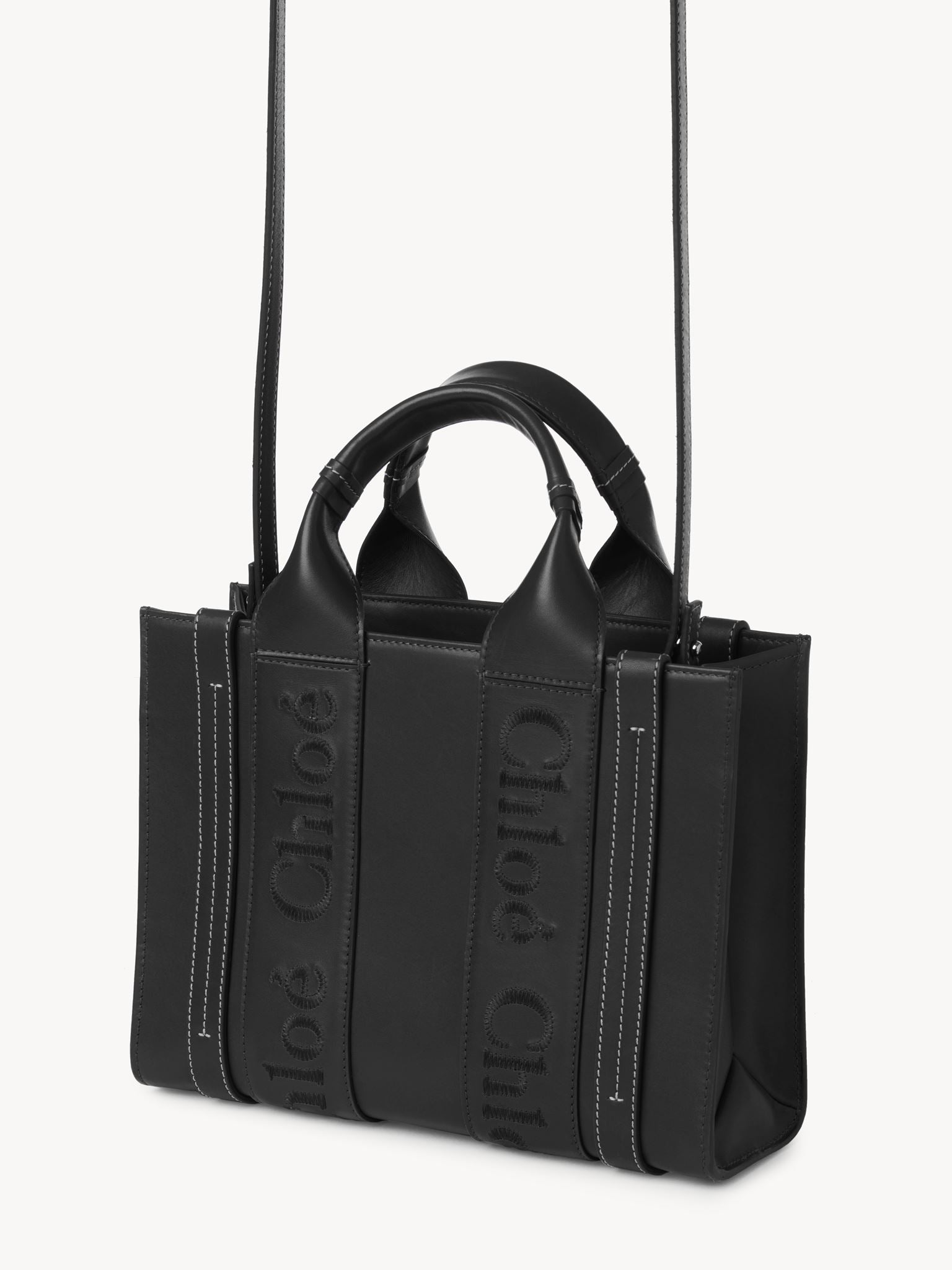 Petit sac cabas Woody à bandoulière en cuir - Black