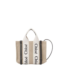 Mini sac cabas Woody à bandoulière en lin - White Blue