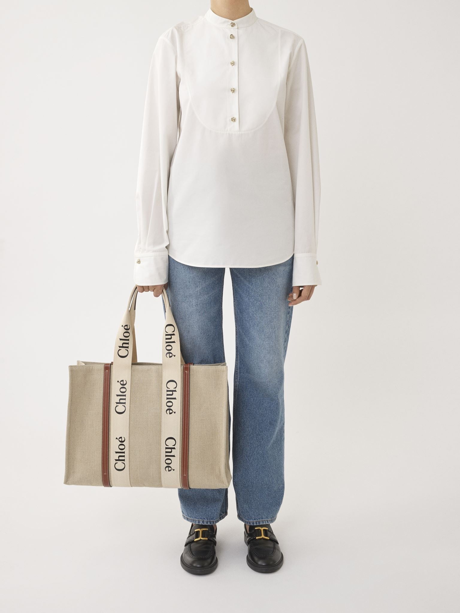 Grand sac cabas Woody en lin - White & Brown