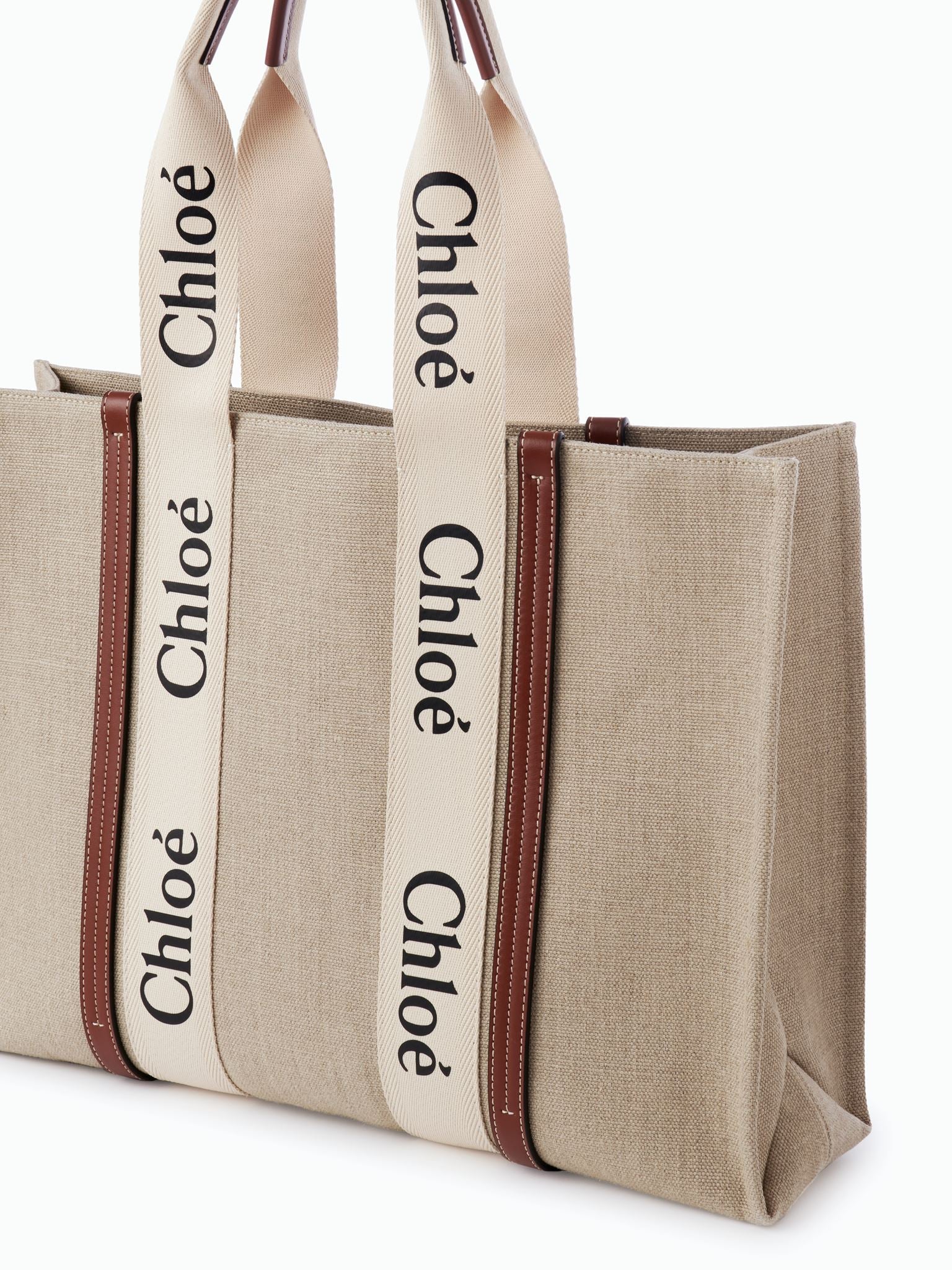 Grand sac cabas Woody en lin - White & Brown