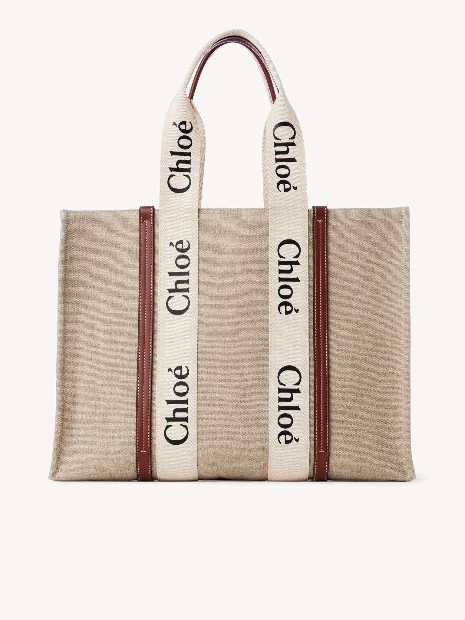 Grand sac cabas Woody en lin - White & Brown