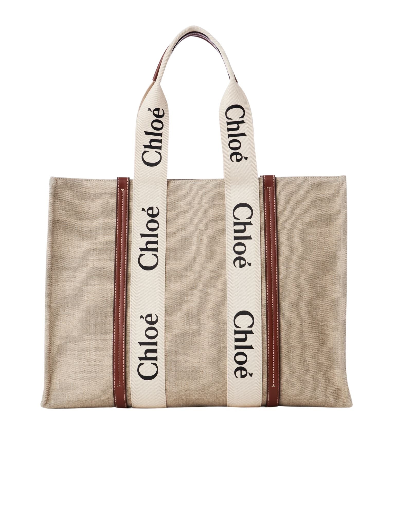 Grand sac cabas Woody en lin - White & Brown