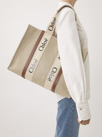 Grand sac cabas Woody en lin - White & Brown