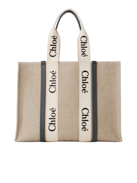 Grand sac cabas Woody en lin - White & Blue