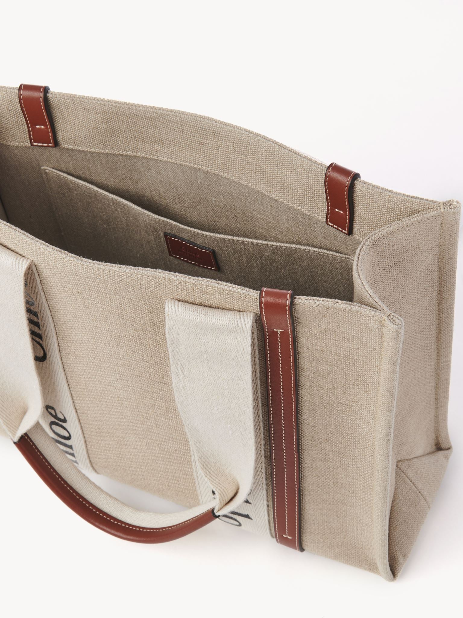 Sac cabas Woody en lin - Blanc Marron