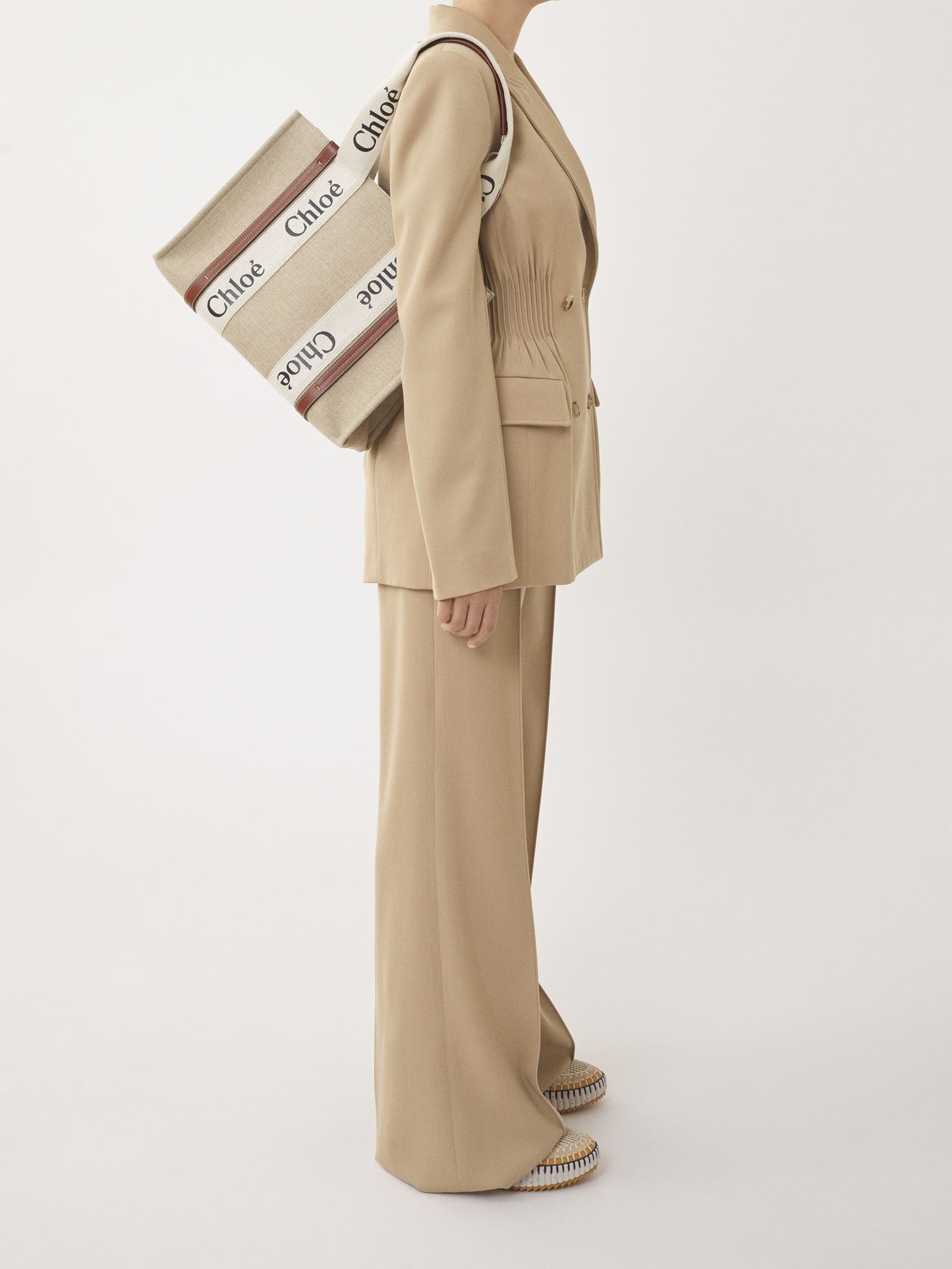 Sac cabas Woody en lin - Blanc Marron
