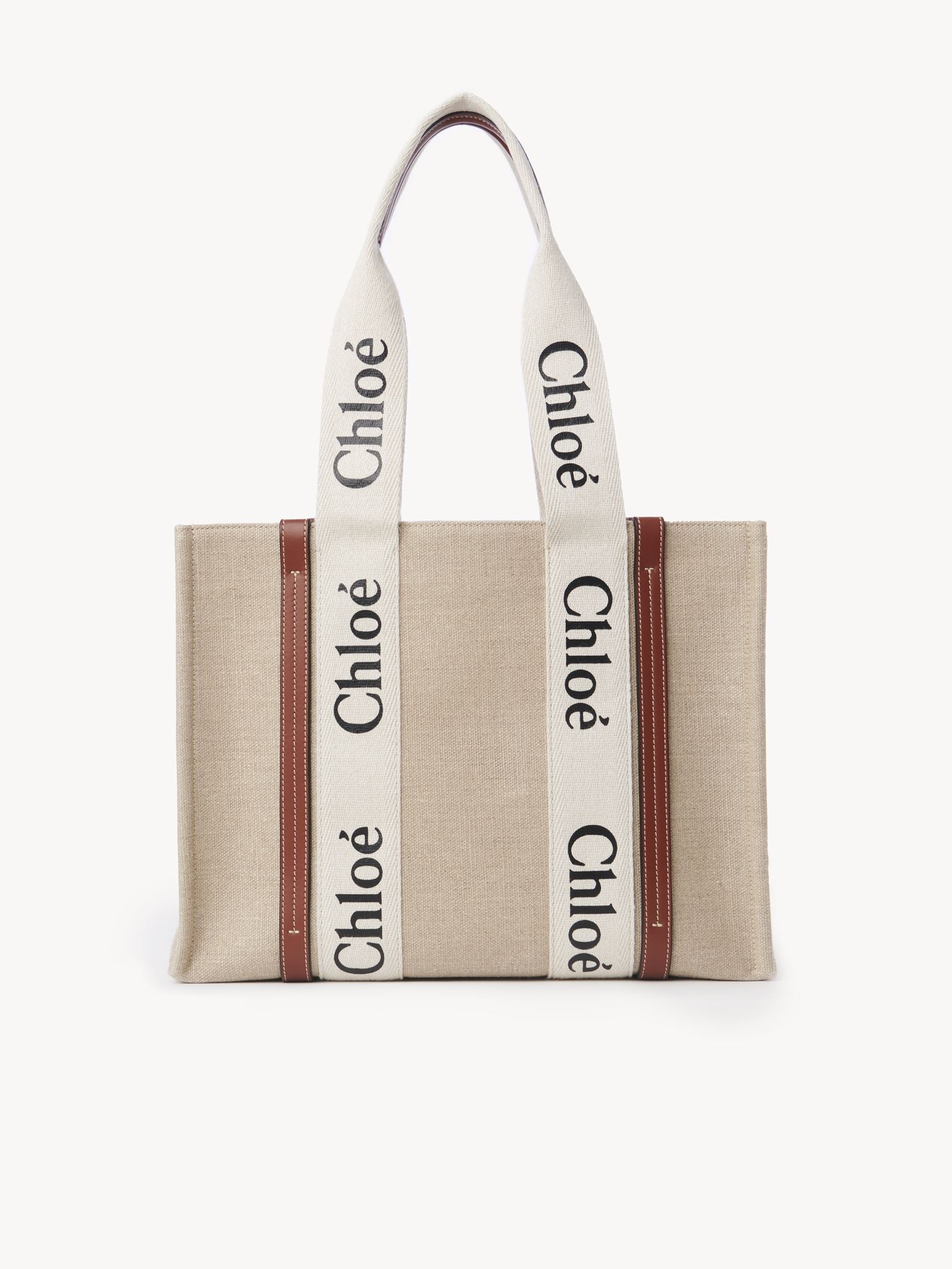 Sac cabas Woody en lin - Blanc Marron