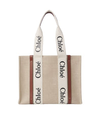 Sac cabas Woody en lin - Blanc Marron