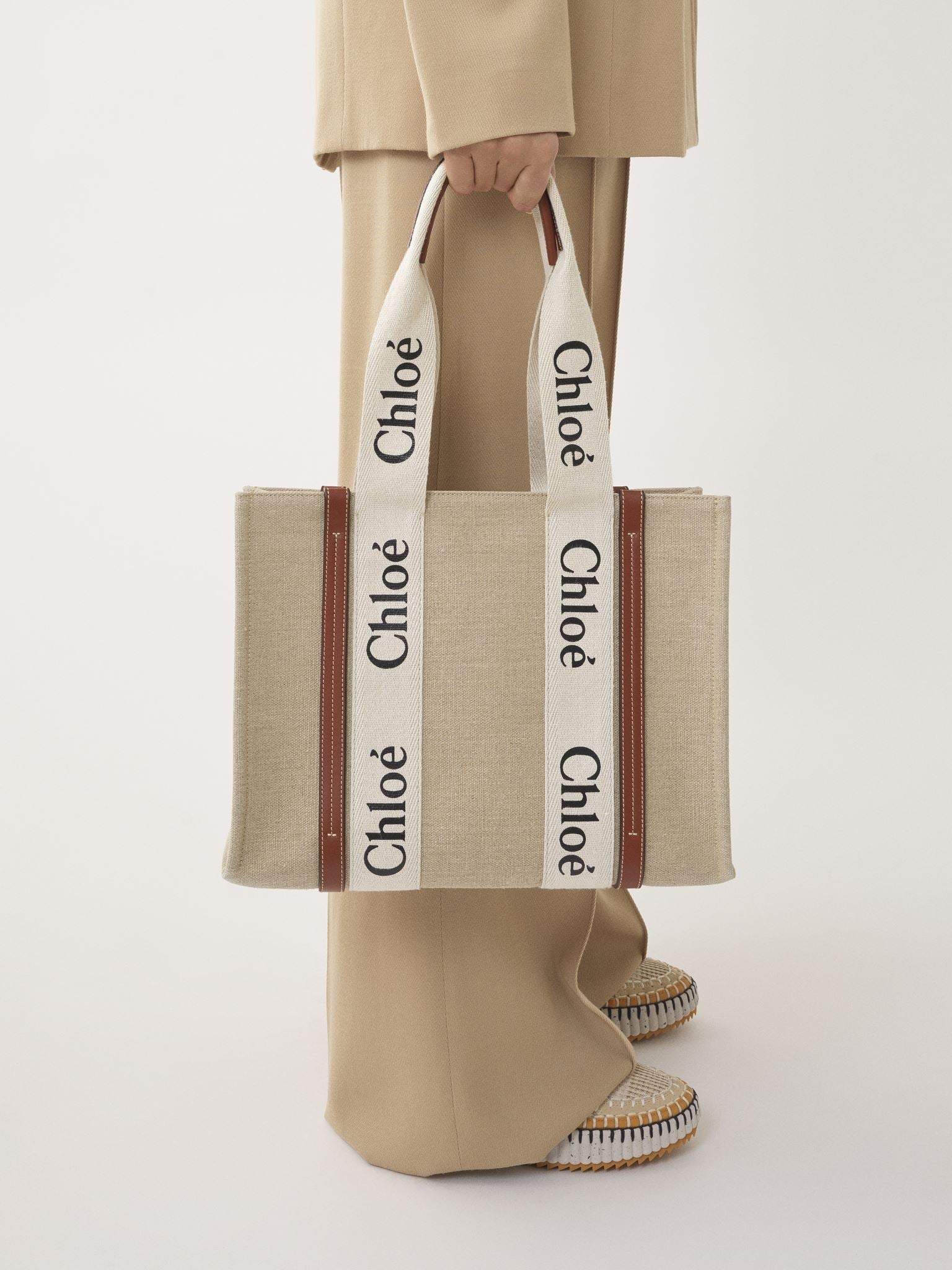 Sac cabas Woody en lin - Blanc Marron