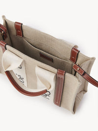 Petit sac cabas Woody à bandoulière en lin - Light White & Brown