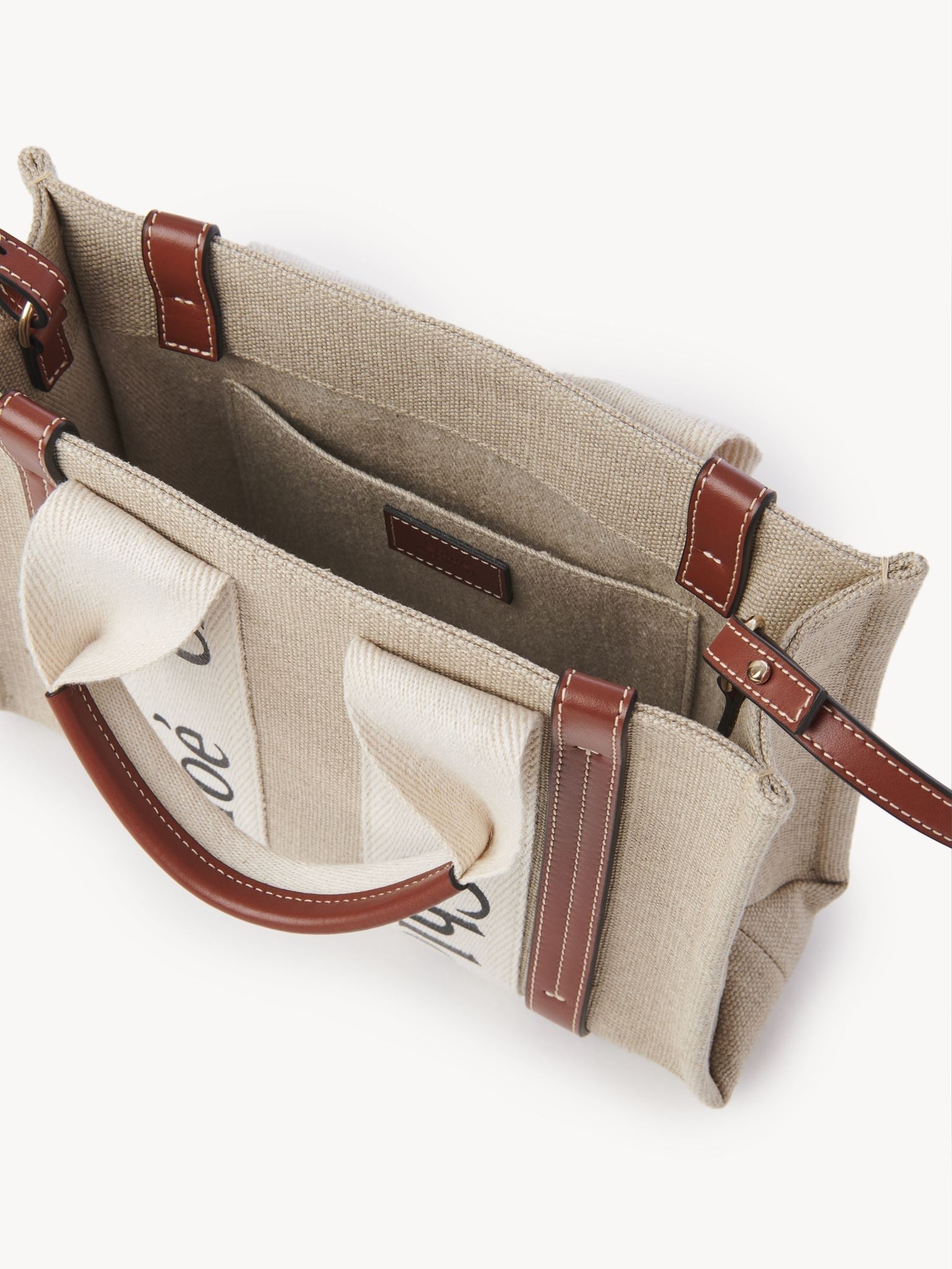 Petit sac cabas Woody à bandoulière en lin - Light White & Brown