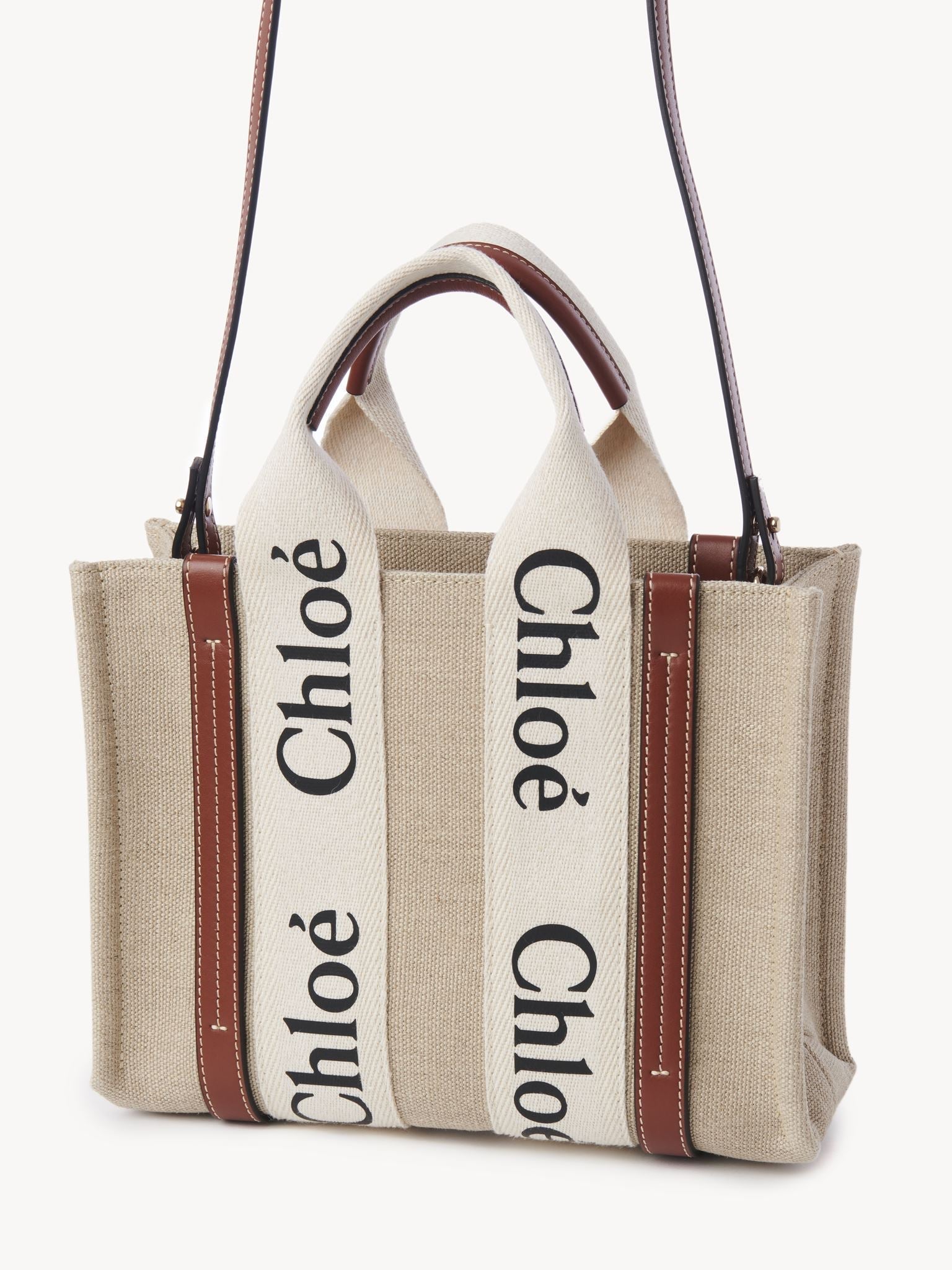 Petit sac cabas Woody à bandoulière en lin - Light White & Brown