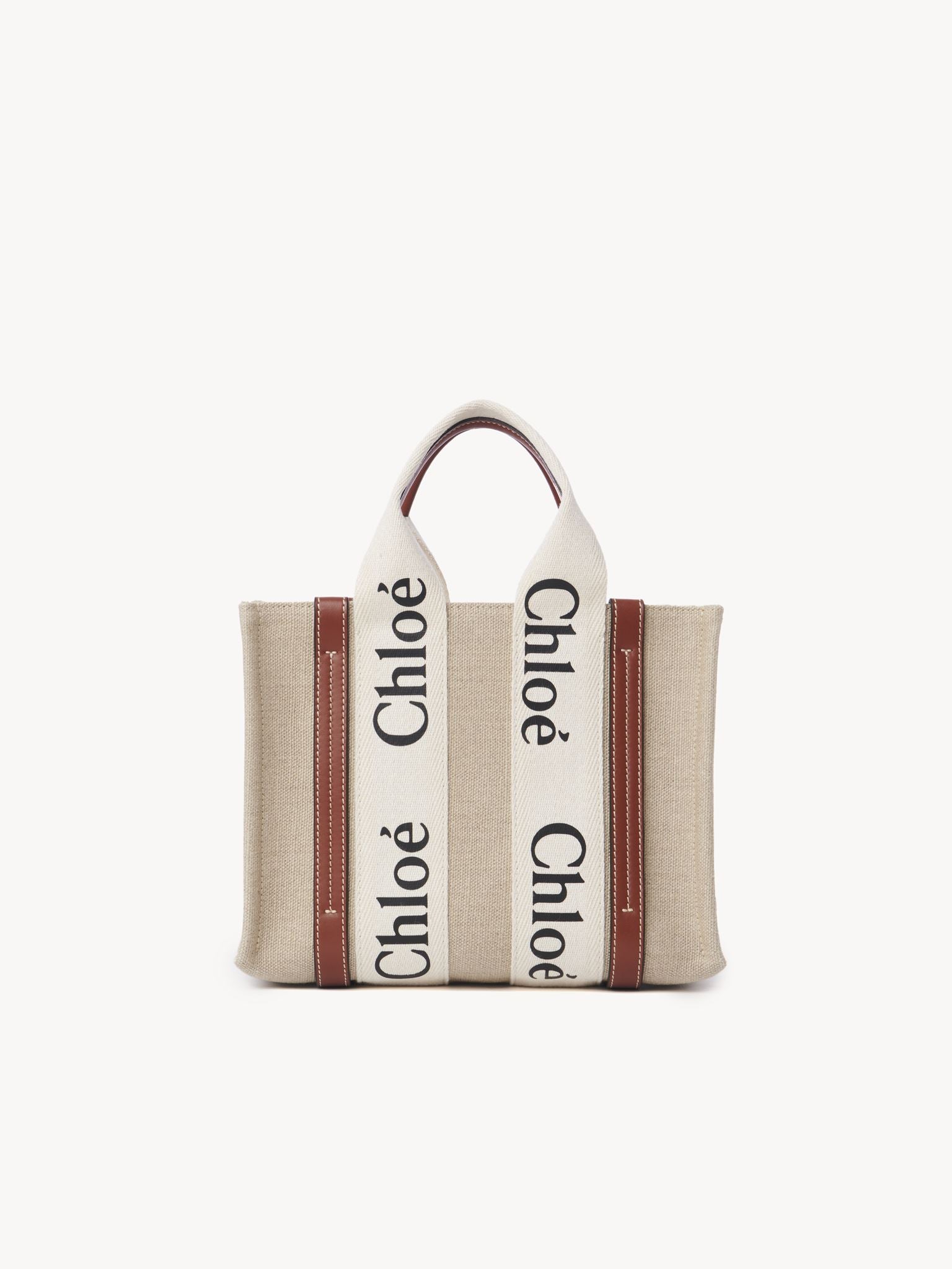 Petit sac cabas Woody à bandoulière en lin - Light White & Brown