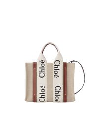 Petit sac cabas Woody à bandoulière en lin - Light White & Brown