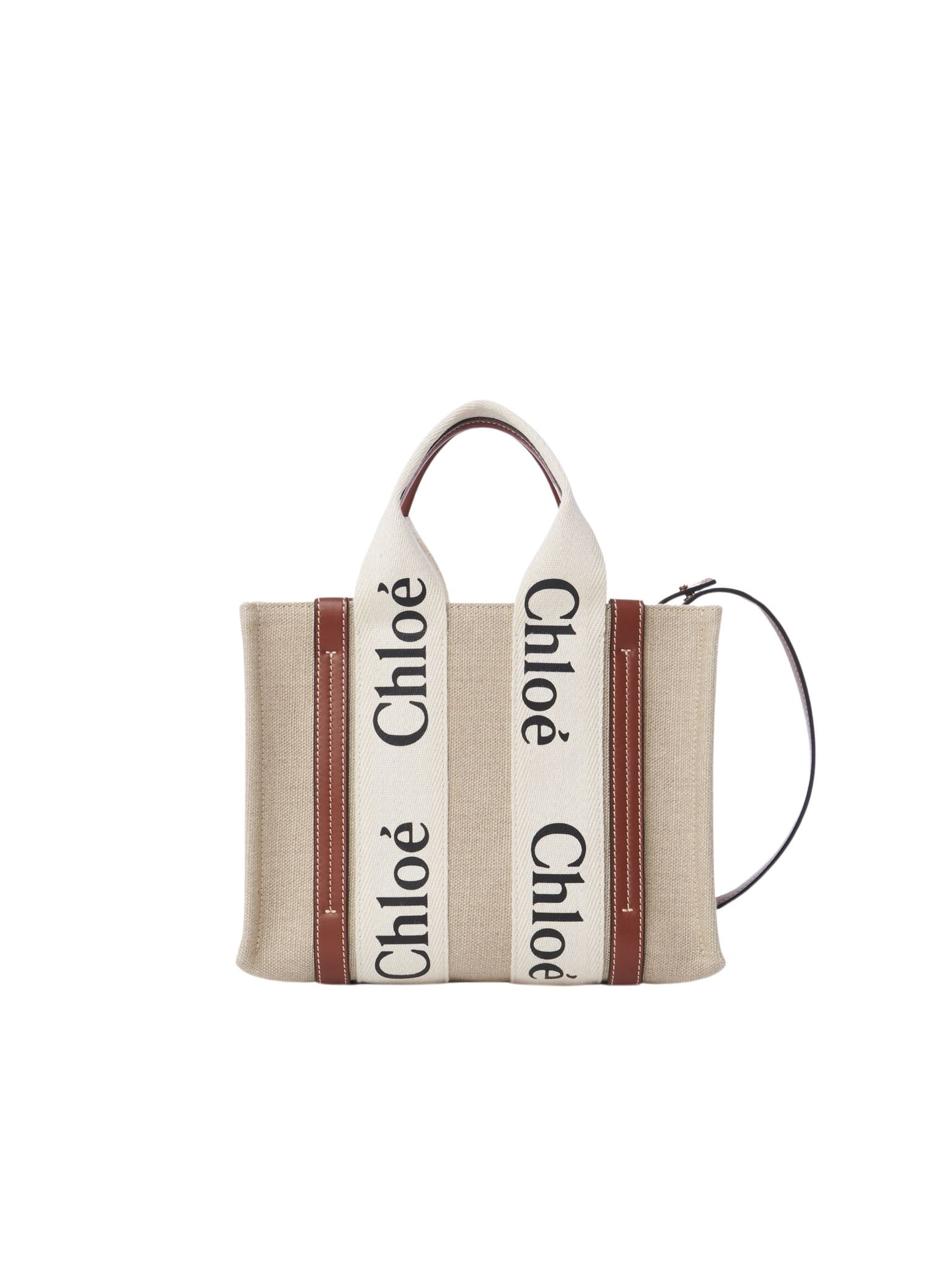 Petit sac cabas Woody à bandoulière en lin - Light White & Brown