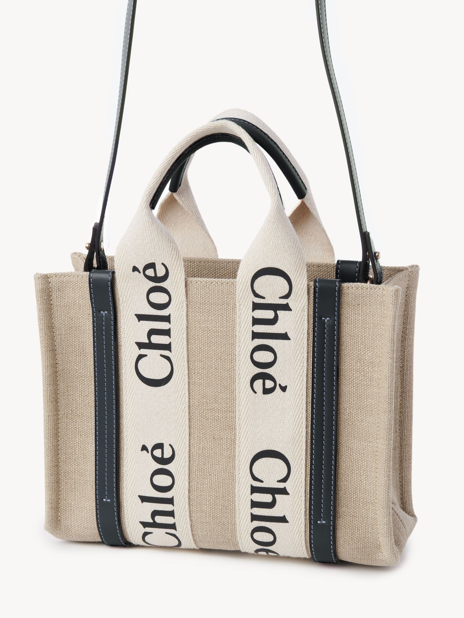 Petit sac cabas Woody à bandoulière en lin - White & Blue