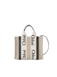 Petit sac cabas Woody à bandoulière en lin - White & Blue