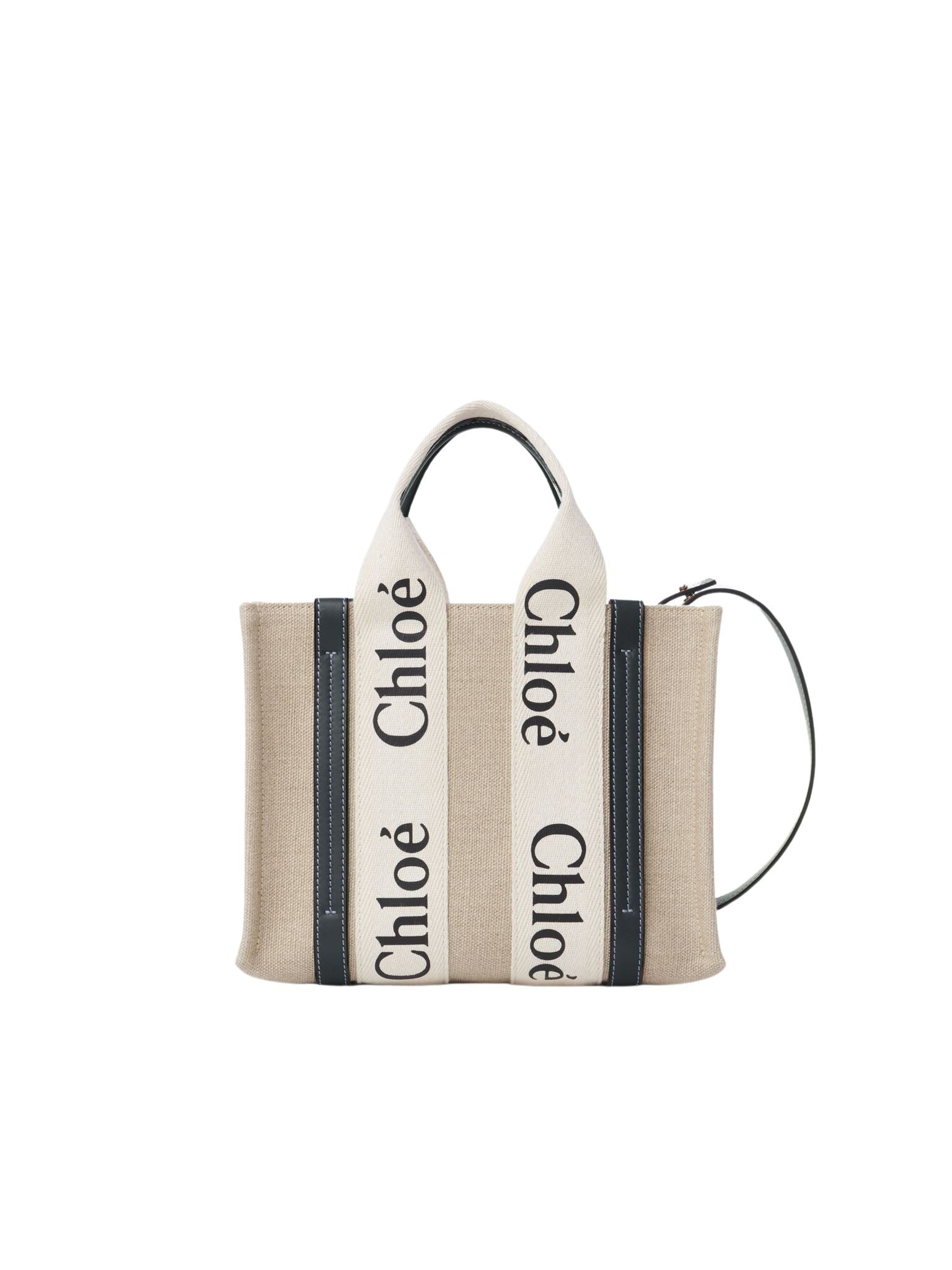 Petit sac cabas Woody à bandoulière en lin - White & Blue