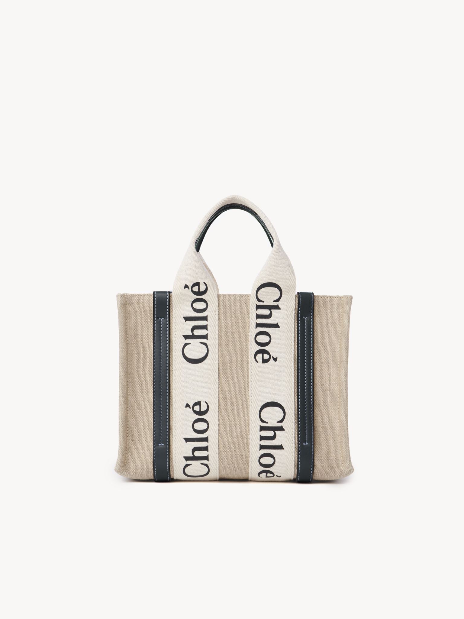 Petit sac cabas Woody à bandoulière en lin - White & Blue