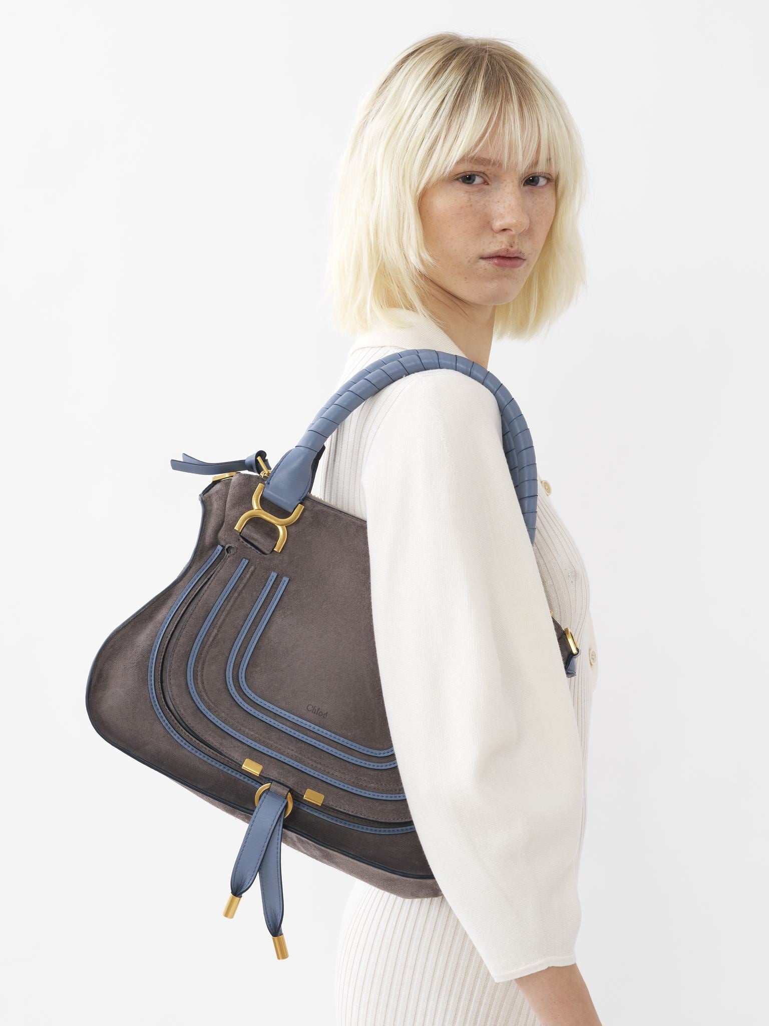 Sac double porté Marcie en cuir et lin - Cashmere Grey
