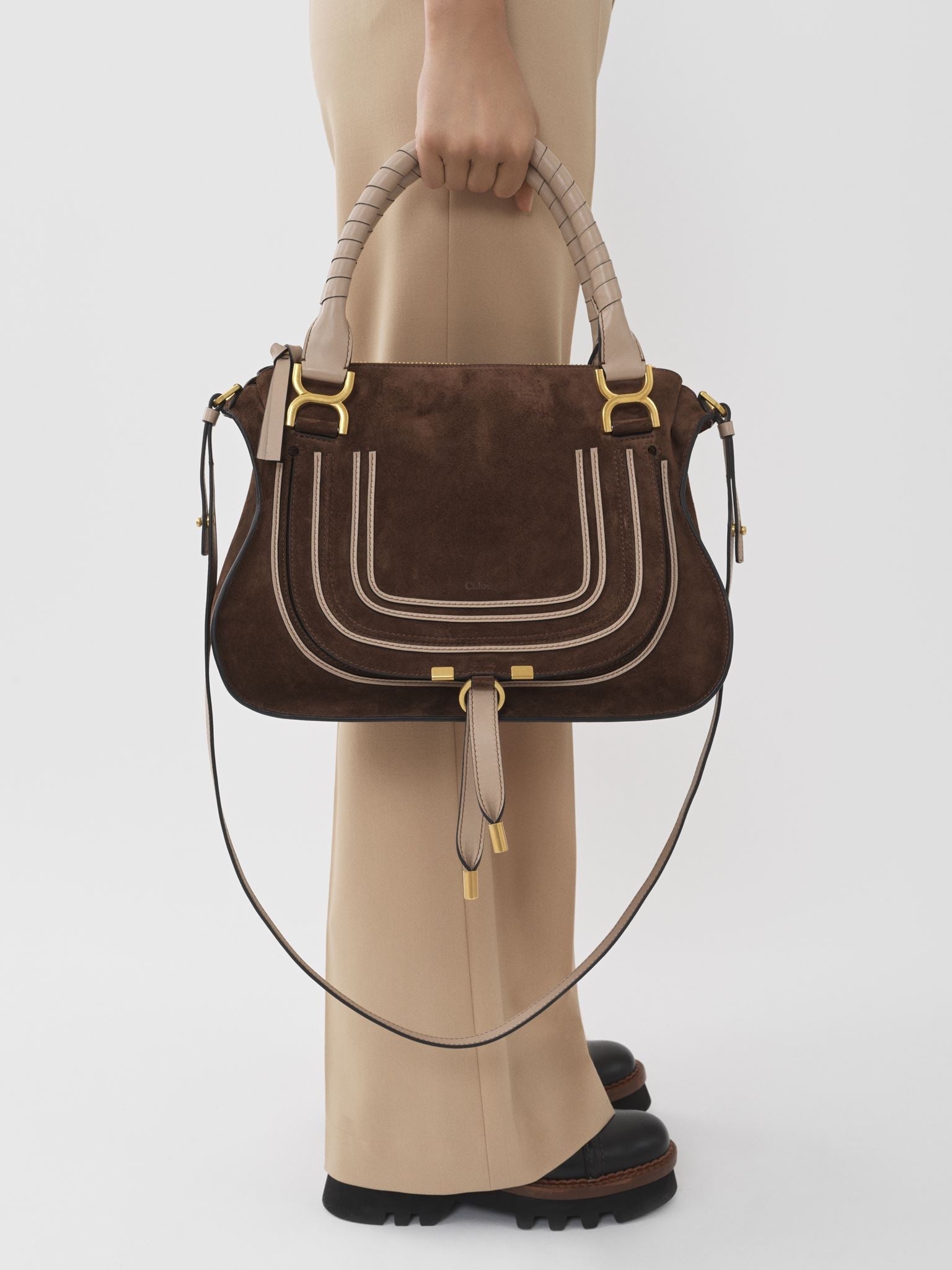 Sac double porté Marcie en cuir et lin - Pure Brown