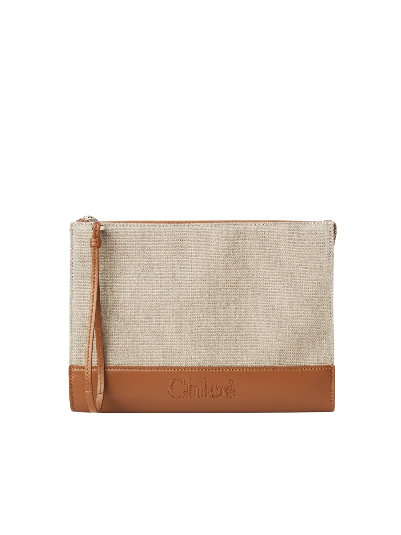 Pochette zippée Chloé Sense en lin - Caramel