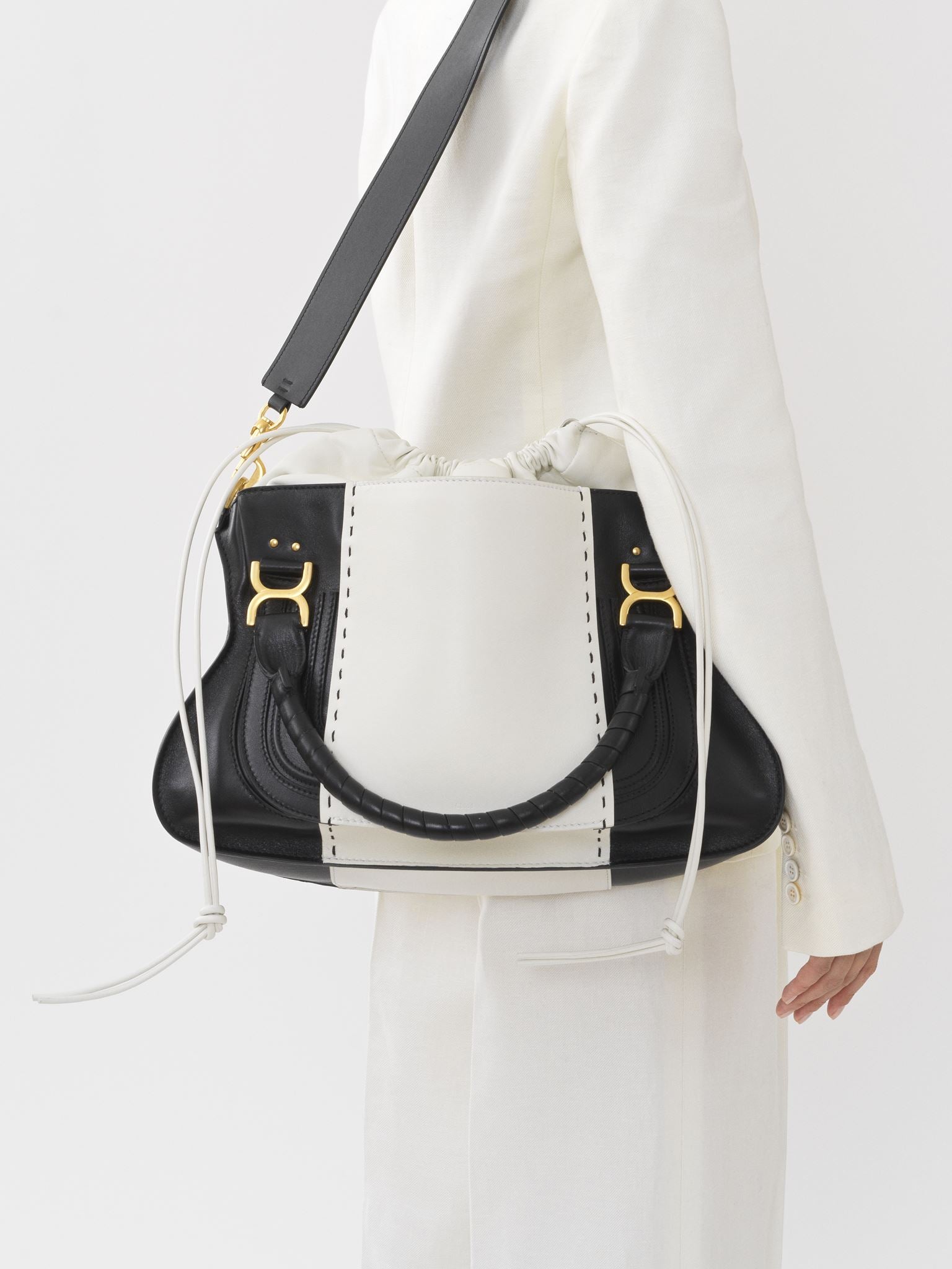 Grand sac double porté Marcie en cuir - Noir Blanc