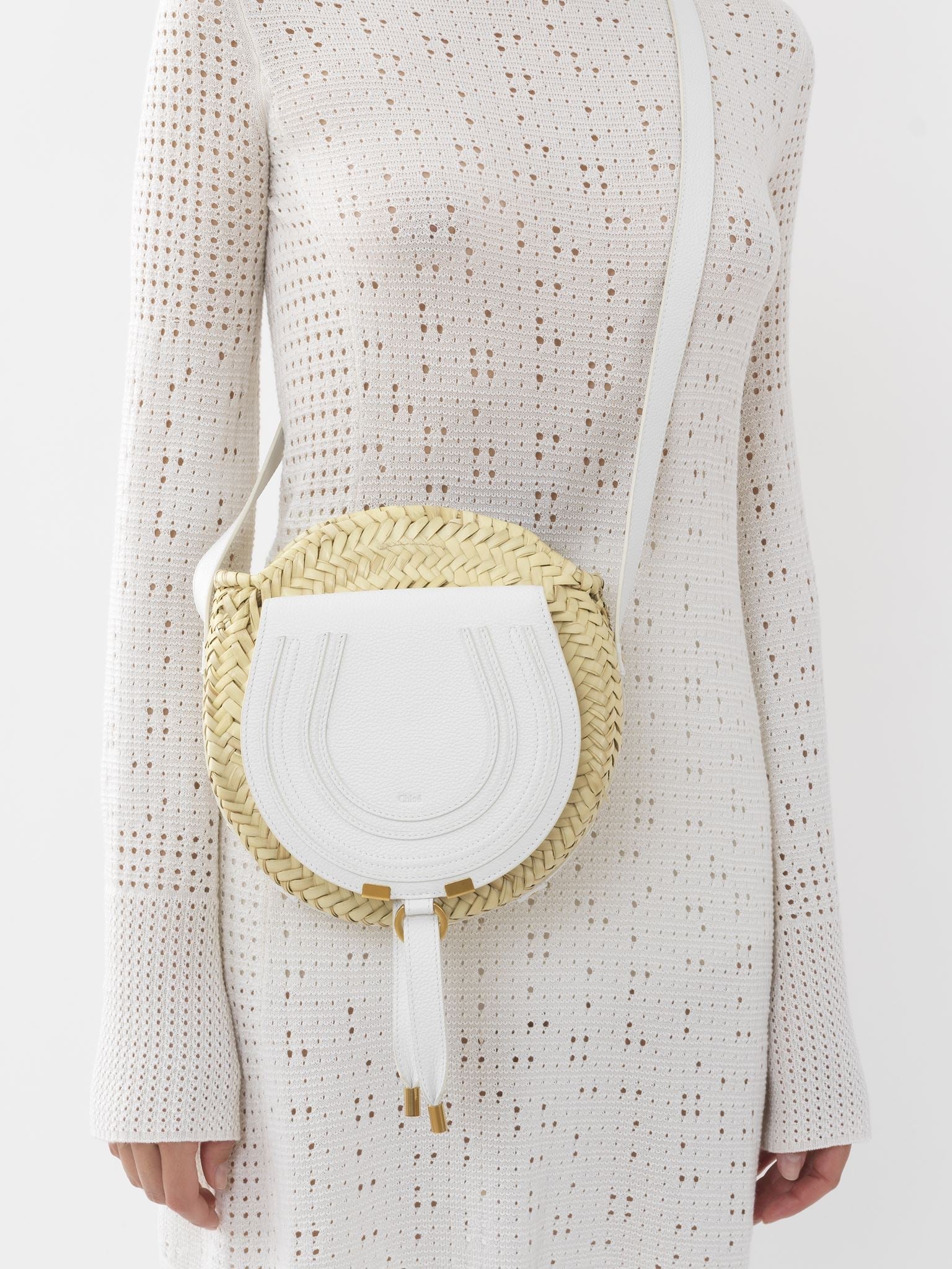 Sac panier rond porté épaule Marcie en cuir - White