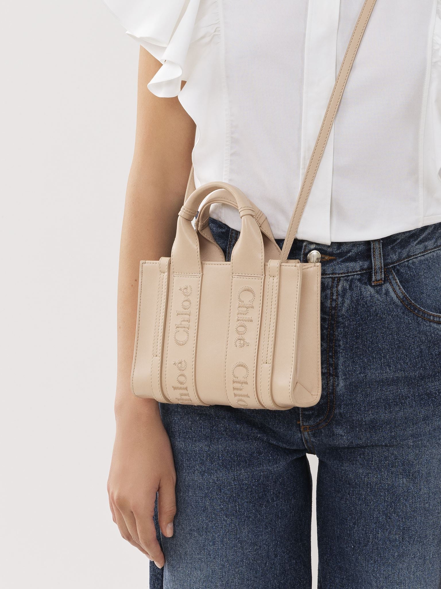 Mini sac cabas Woody à bandoulière en cuir - Ciment Rose