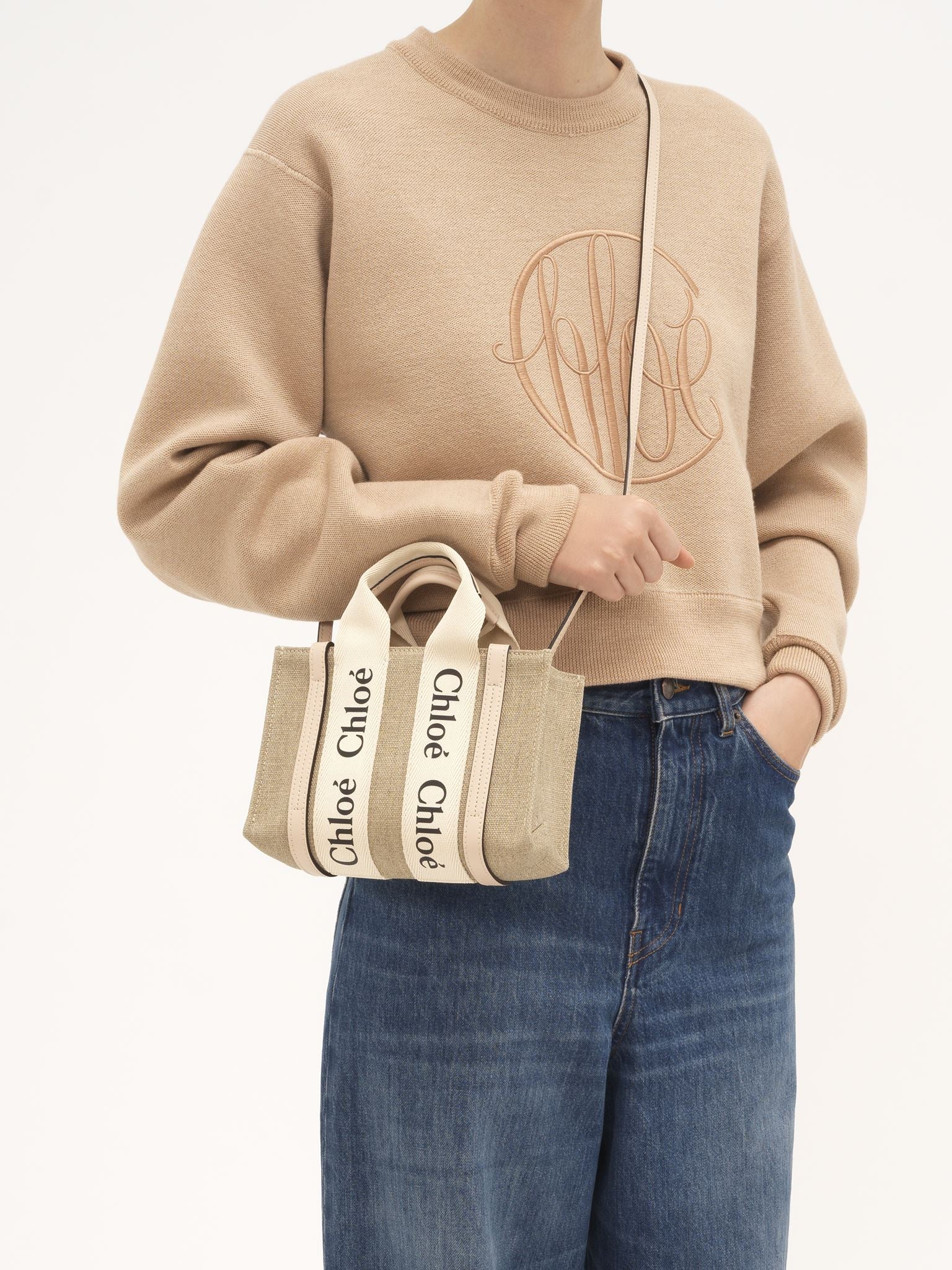 Mini sac cabas Woody à bandoulière en lin - Cement Pink
