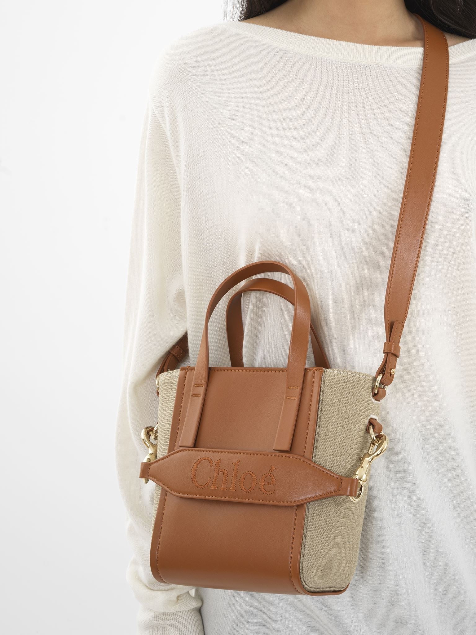 Petit sac cabas Chloé Sense en lin - Caramel