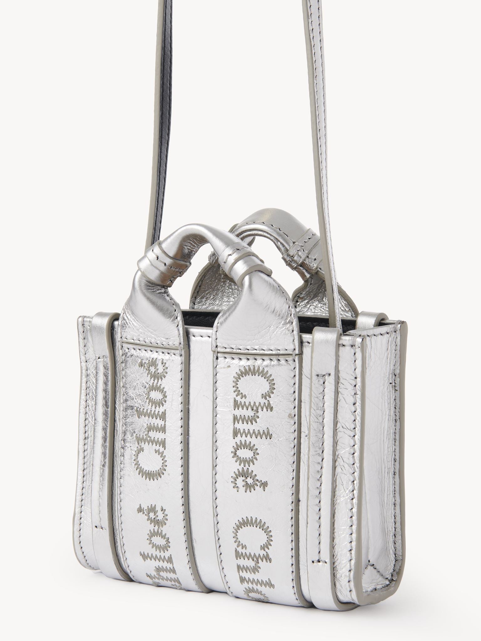 Nano sac cabas Woody à bandoulière en cuir - Argent