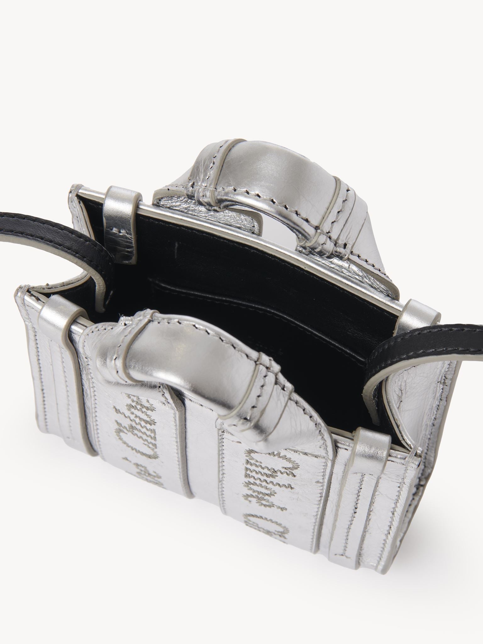 Nano sac cabas Woody à bandoulière en cuir - Argent
